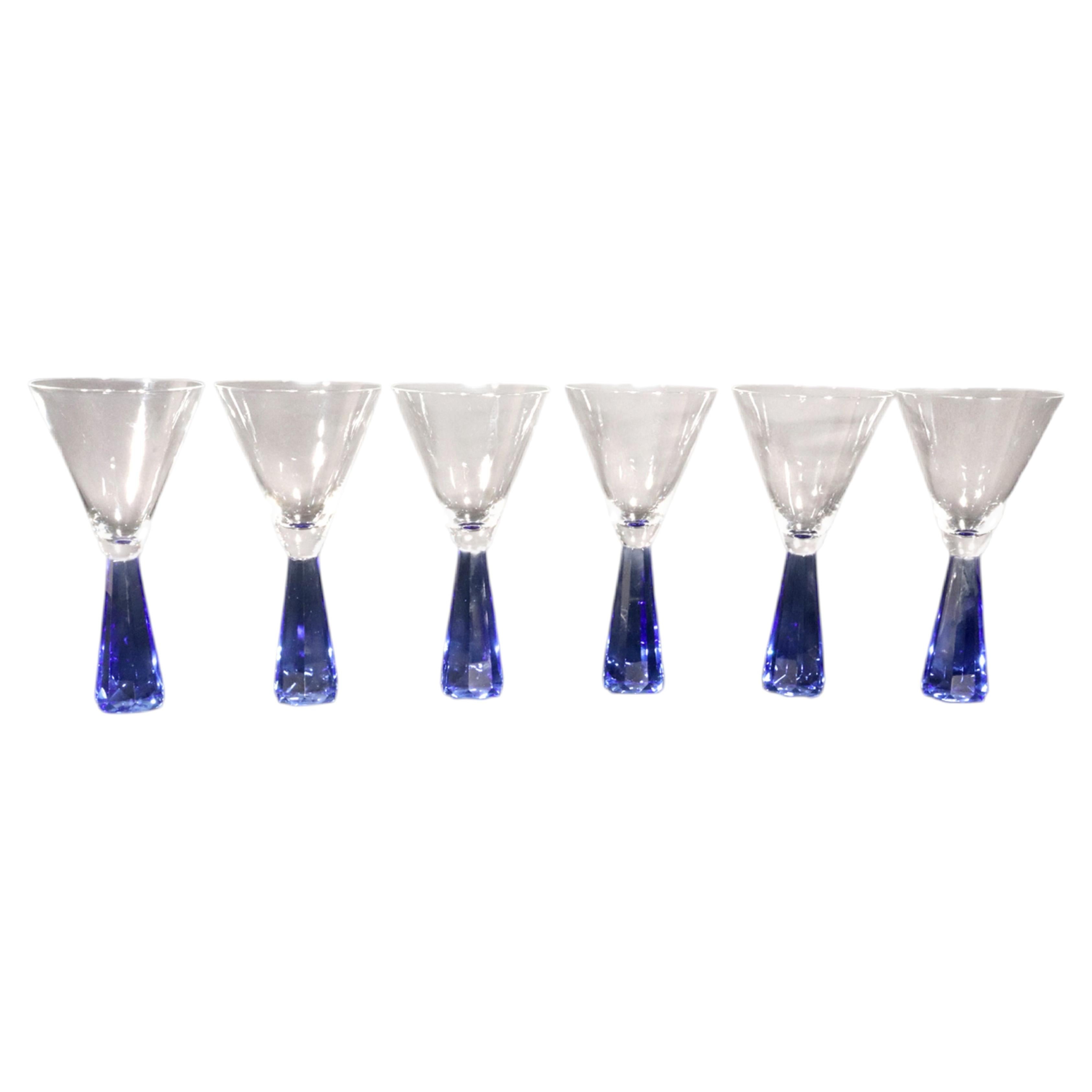 Martini Glasses with Faceted Cobalt Blue Stems, Set of Six, Circa 1970 For Sale