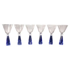 Martini Glasses with Faceted Cobalt Blue Stems, Set of Six, Circa 1970