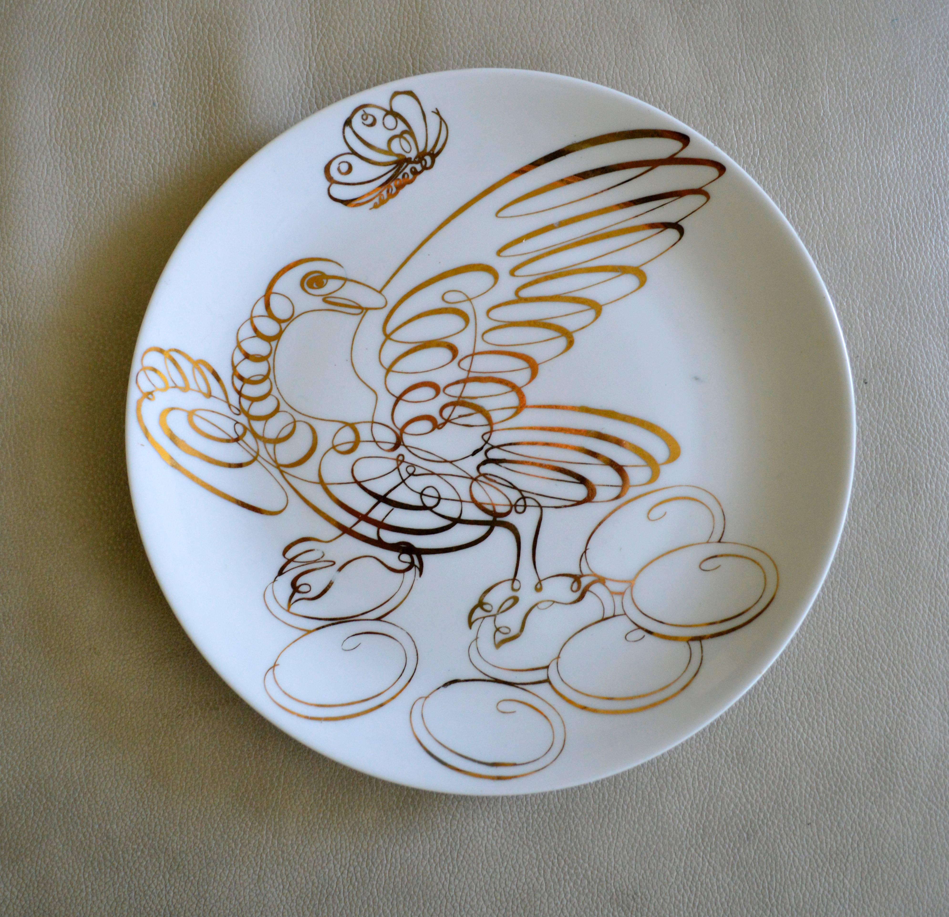 Mid-Century Modern  Piero Fornasetti Set of Six Porcelain Uccelli Calligrafici Bird Plates, 1962