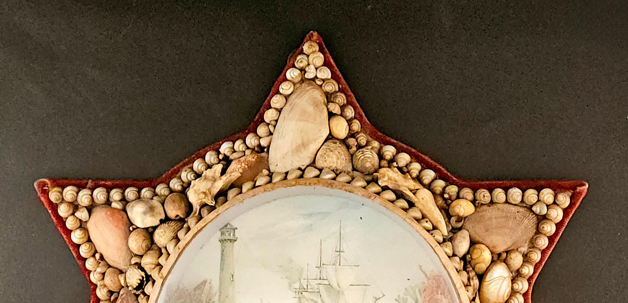 Early 20th Century Edwardian Starfish Shaped Shell Valentine- Passing Lighthouse For Sale