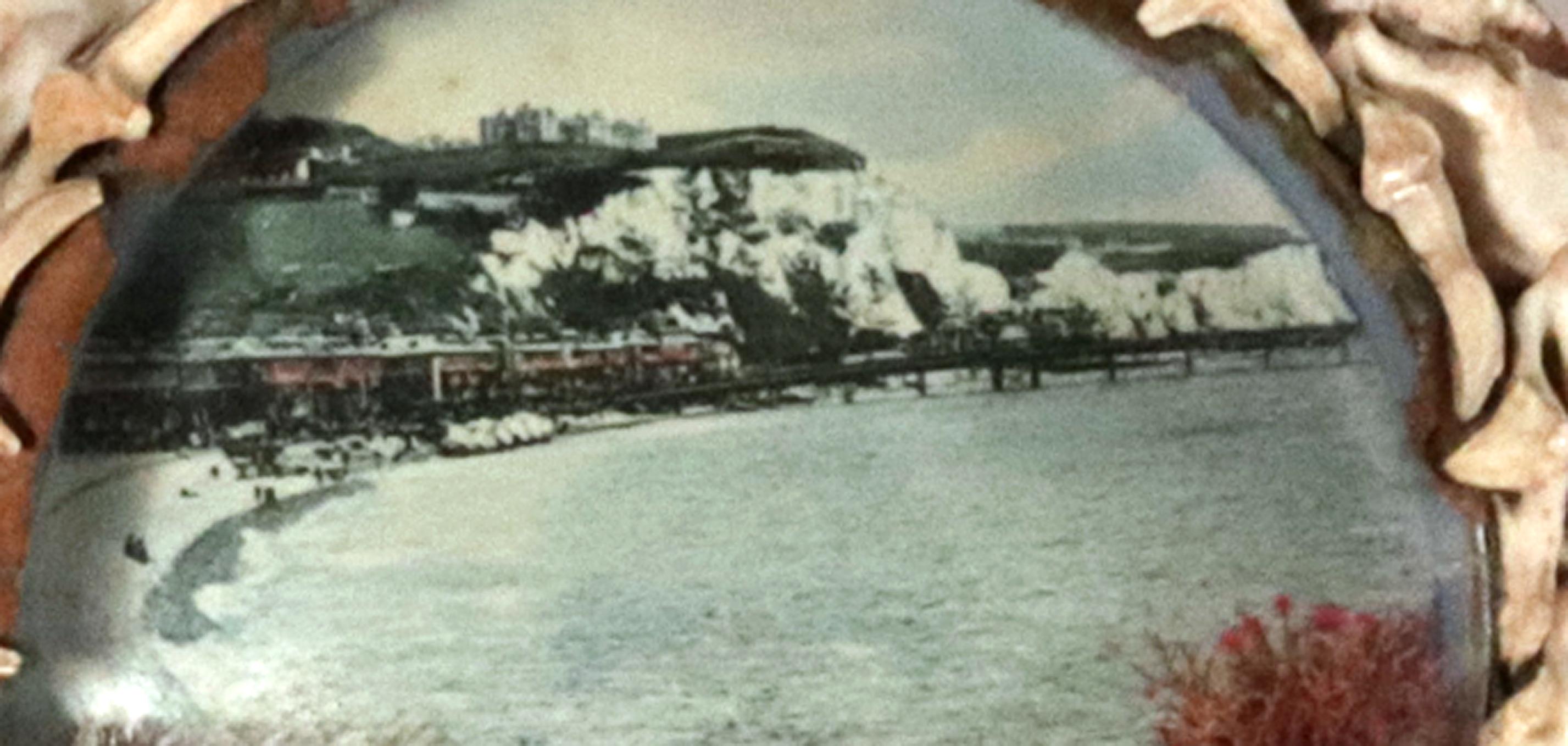 Early 20th Century Edwardian Shellwork Valentine Diorama of Dover with its Pier and Iconic Cliffs For Sale