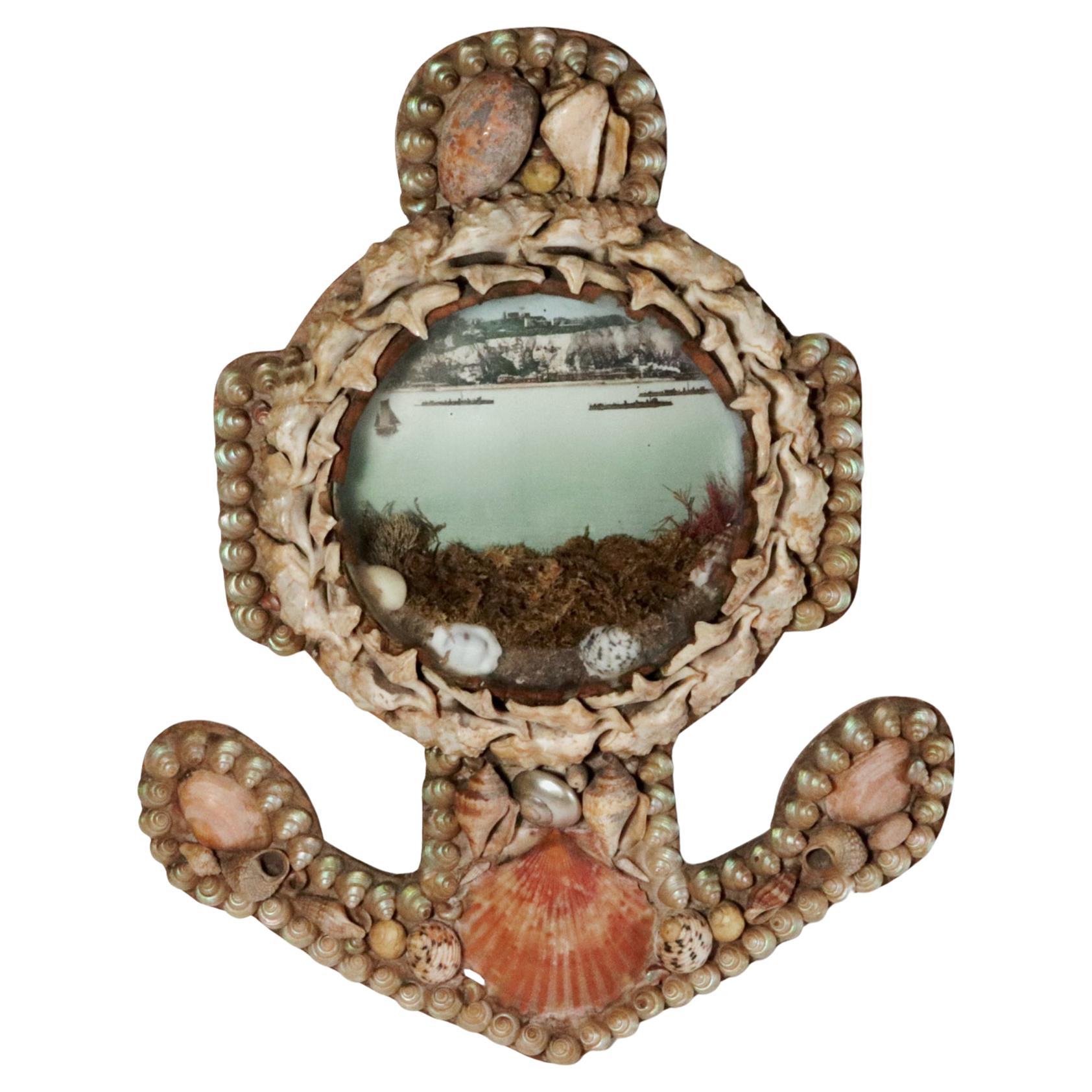 Edwardian Shell Valentine- Anchor-shaped Diorama-Ships off Dover & its Cliffs