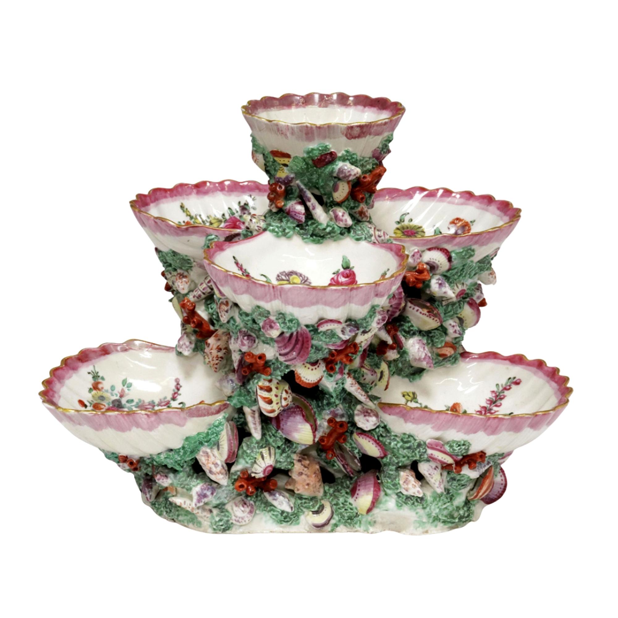 First Period Worcester Porcelain Polychrome Tiered Sweetmeat Stand with Sea Shells,
Circa 1768-70

This exceptional and rare First Period Worcester porcelain sweetmeat stand exemplifies the rococo period's fascination with the natural world.