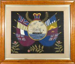 British Sailor's Woolwork Pair of Pictures or Woolies with Ship and Flags