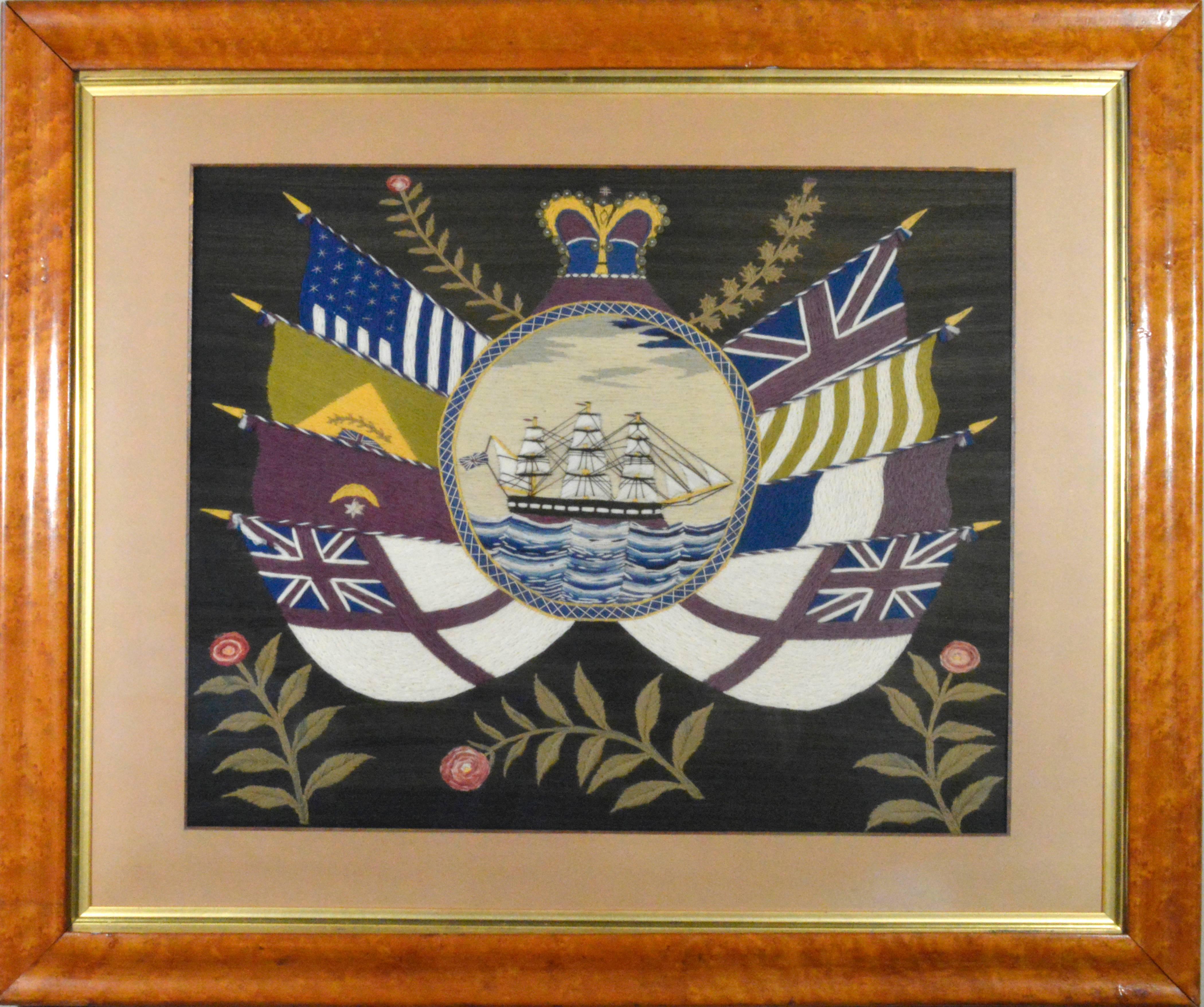 Artisanat Paire de tableaux ou woolies de marins britanniques avec navire et drapeaux en vente