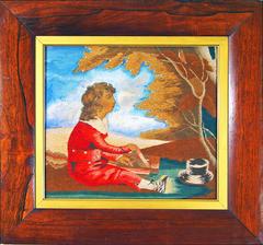 Folk Art Pair of Silk and Wool Pictures of a Brother & Sister, circa 1840