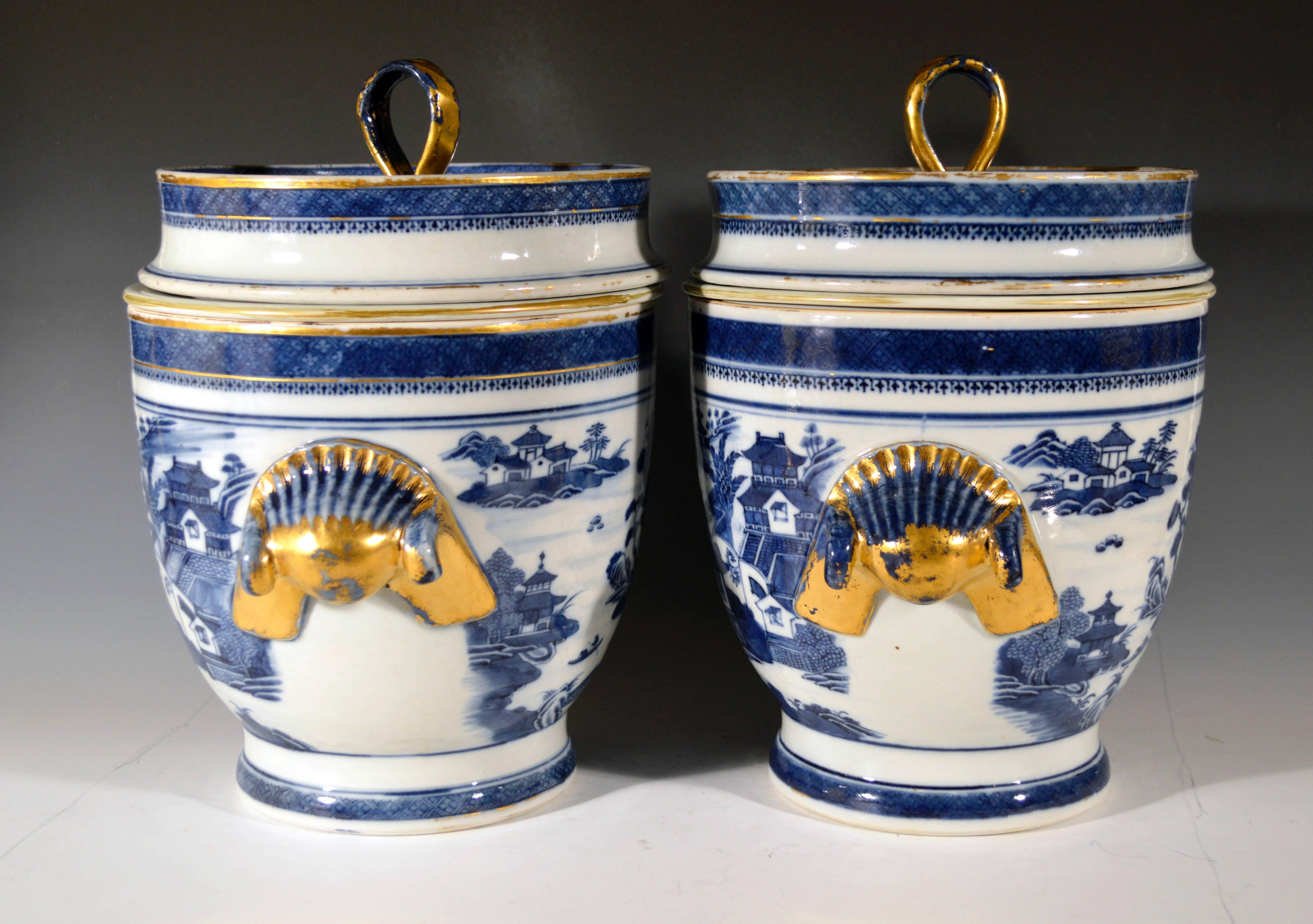 Chinese export fruit coolers are one of the rarest forms in Chinese export porcelain. The shape is very close to Coal port and Derby fruit coolers of this period. The decoration is in underglaze blue with typical Chinoiserie landscape painting with