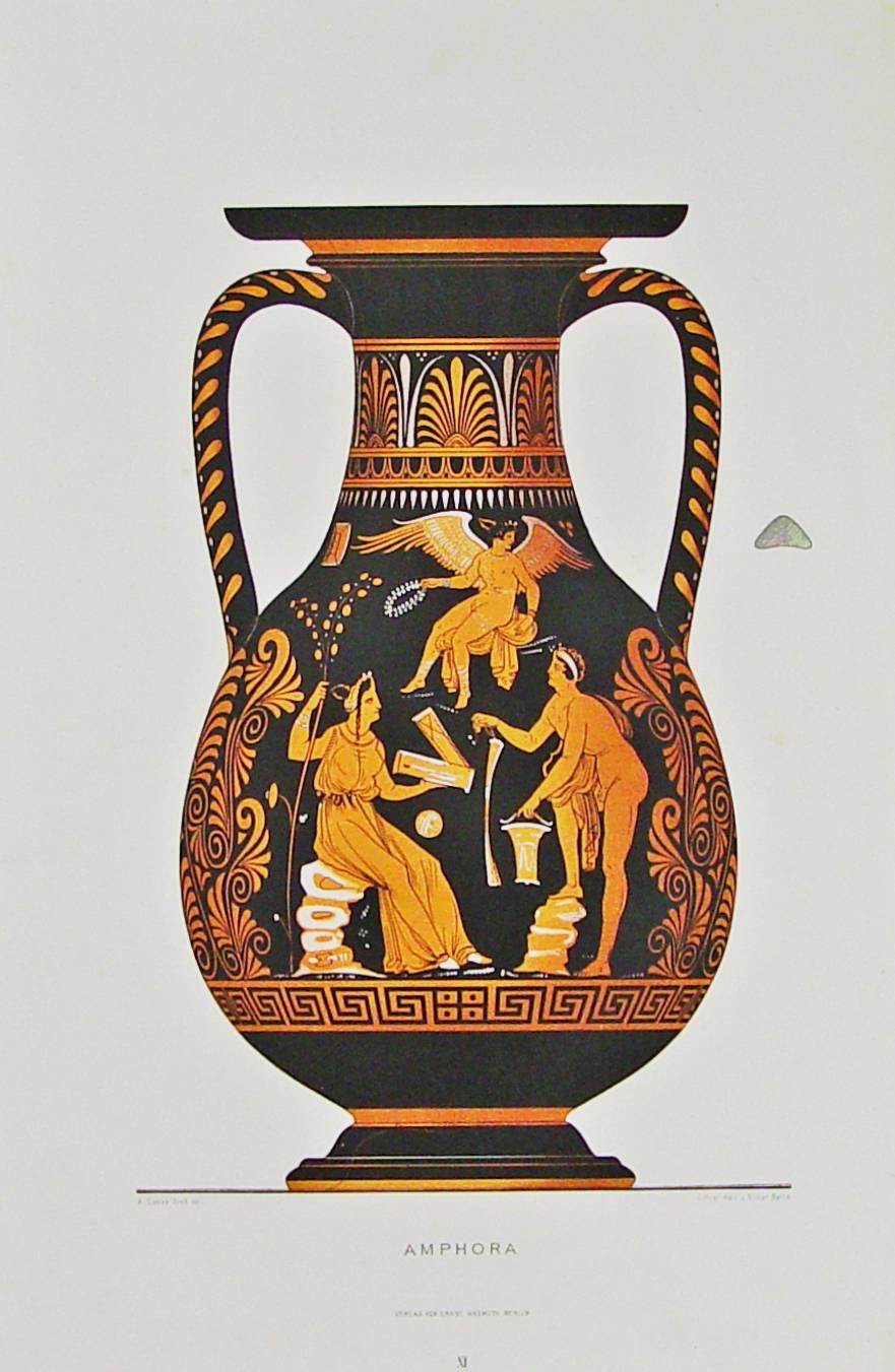 Large framed lithograph print of an ancient Greek vase from the folio Griechische Keramik by A Genick, the color-printed lithograph by Ernst Wasmuth,
circa 1883.

The large Ernst Wasmuth chromolithographic plate from A. Genick work, Griechische