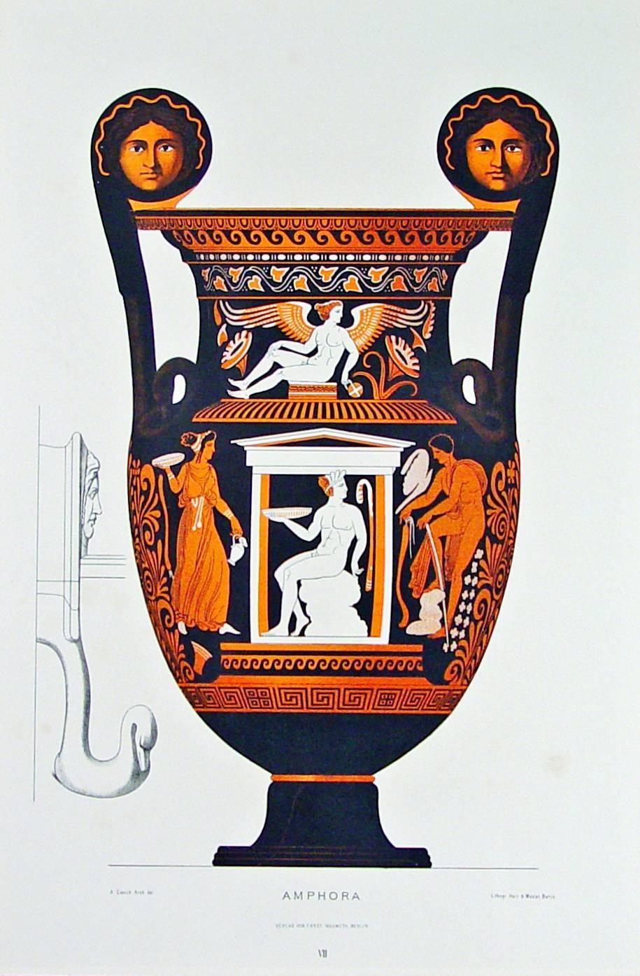 Framed lithograph print of an ancient Greek vase from the folio Griechische Keramik by Albert Genick, the color-printed lithograph by Ernst Wasmuth.

The large Ernst Wasmuth chromolithographic plate from Albert Genick work, Griechische Keramik,