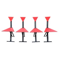 Postmodern Folding Chairs, Red Triangular Seats, Set of Four, Circa 1985