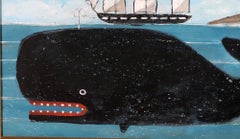 Melinda Kirkpatrick Folk Art Painting of a Whale and Ship, “Whale at Harbor”