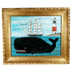 Melinda Kirkpatrick Folk Art Painting of a Whale and Ship, “Whale at Harbor”