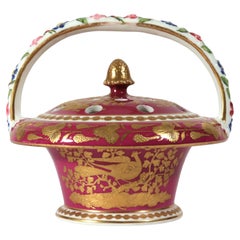 Spode Porcelain Raspberry Ground Potpourri Basket and Cover, Pattern 3993