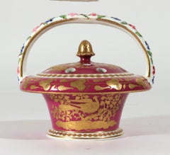 Spode Porcelain Raspberry Ground Potpourri Basket and Cover, Pattern 3993