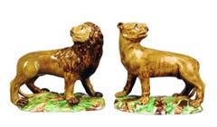 Ralph Wood Type Pearlware Lion and Lioness Figures, Pair, Staffordshire, 1780