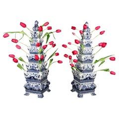 Blue and White Porcelain Tulipière Flower Pyramids, Dutch Delft Style, Pair