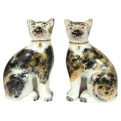 Staffordshire Pottery Calico Cats, Pair of Sponged Seated Figures, Circa 1860