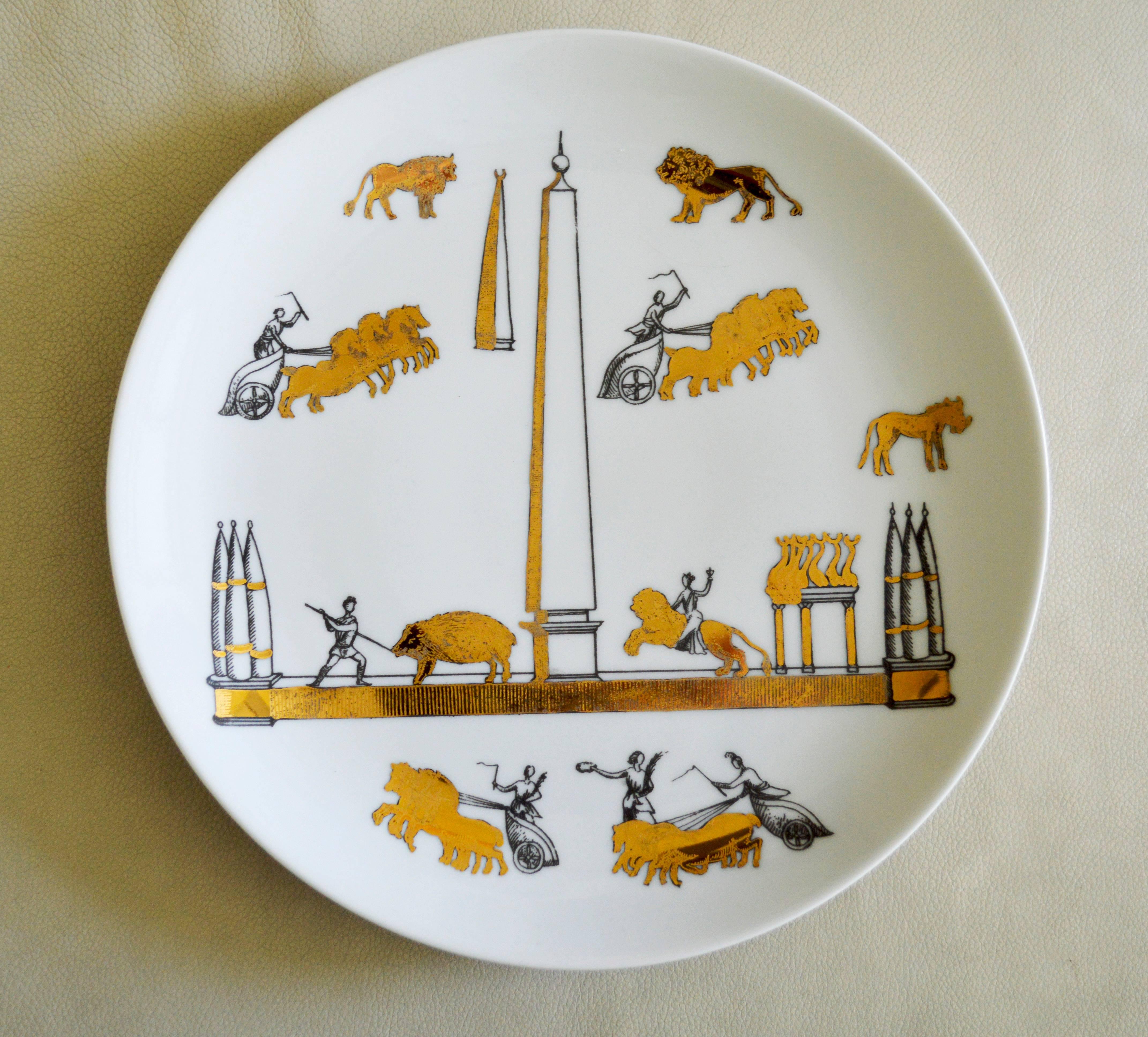 Mid-Century Modern Vintage Piero Fornasetti Set of Nine Porcelain Plates, Anfiteatro, 1960s