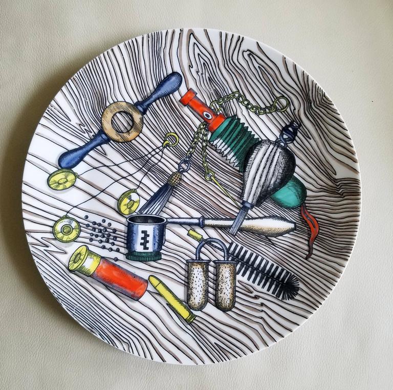 Mid-Century Modern Vintage Piero Fornasetti Porcelain with Bird Hunting Objects-Set of Six Plates For Sale
