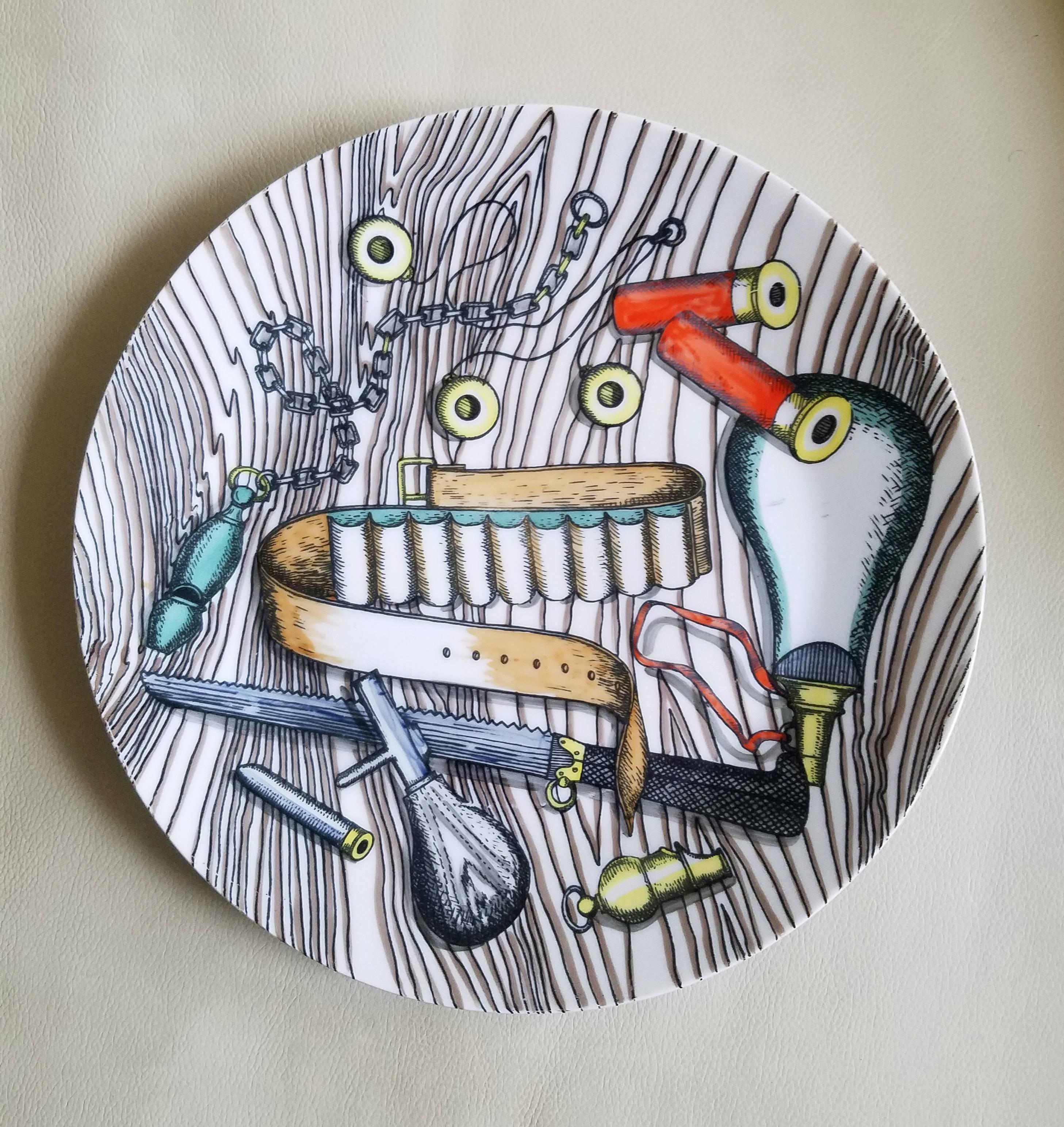 Vintage Piero Fornasetti Porcelain with Hunting Objects-Set of Six Plates 1