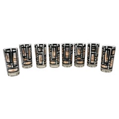 Mid-Century Modern Black and Gold Starburst Highball Glasses, Set of 8 in Holder