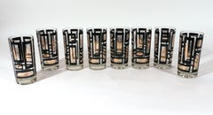 Mid-Century Modern Black and Gold Starburst Highball Glasses, Set of 8 in Holder