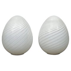 Murano Glass Egg Lamps, Pair of Large White Swirl Opaline Lamps, Circa 1980