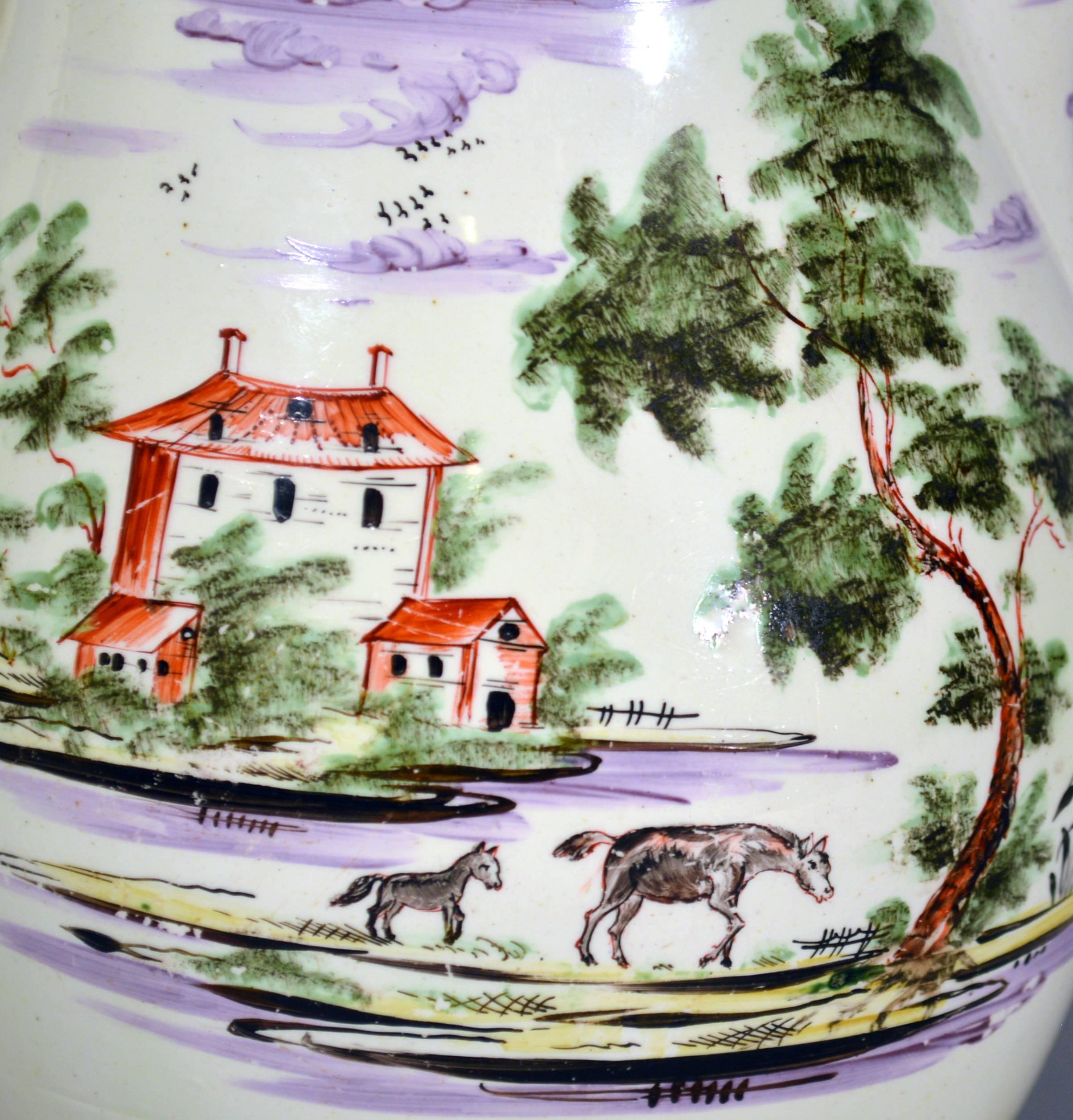 English Creamware Large Jug Decorated with Farm Buildings and Farm Animals
