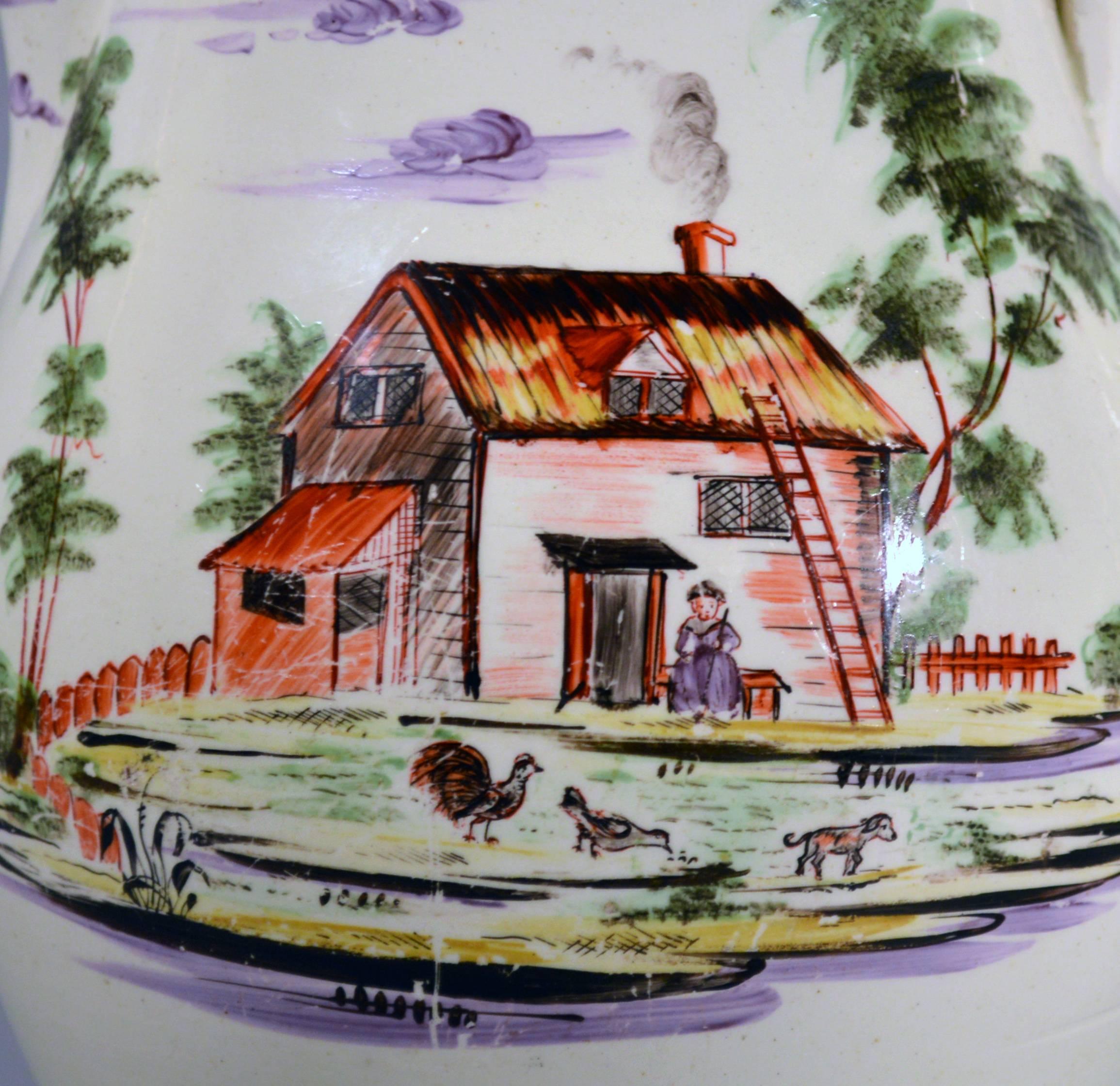 Creamware Large Jug Decorated with Farm Buildings and Farm Animals In Good Condition In Downingtown, PA