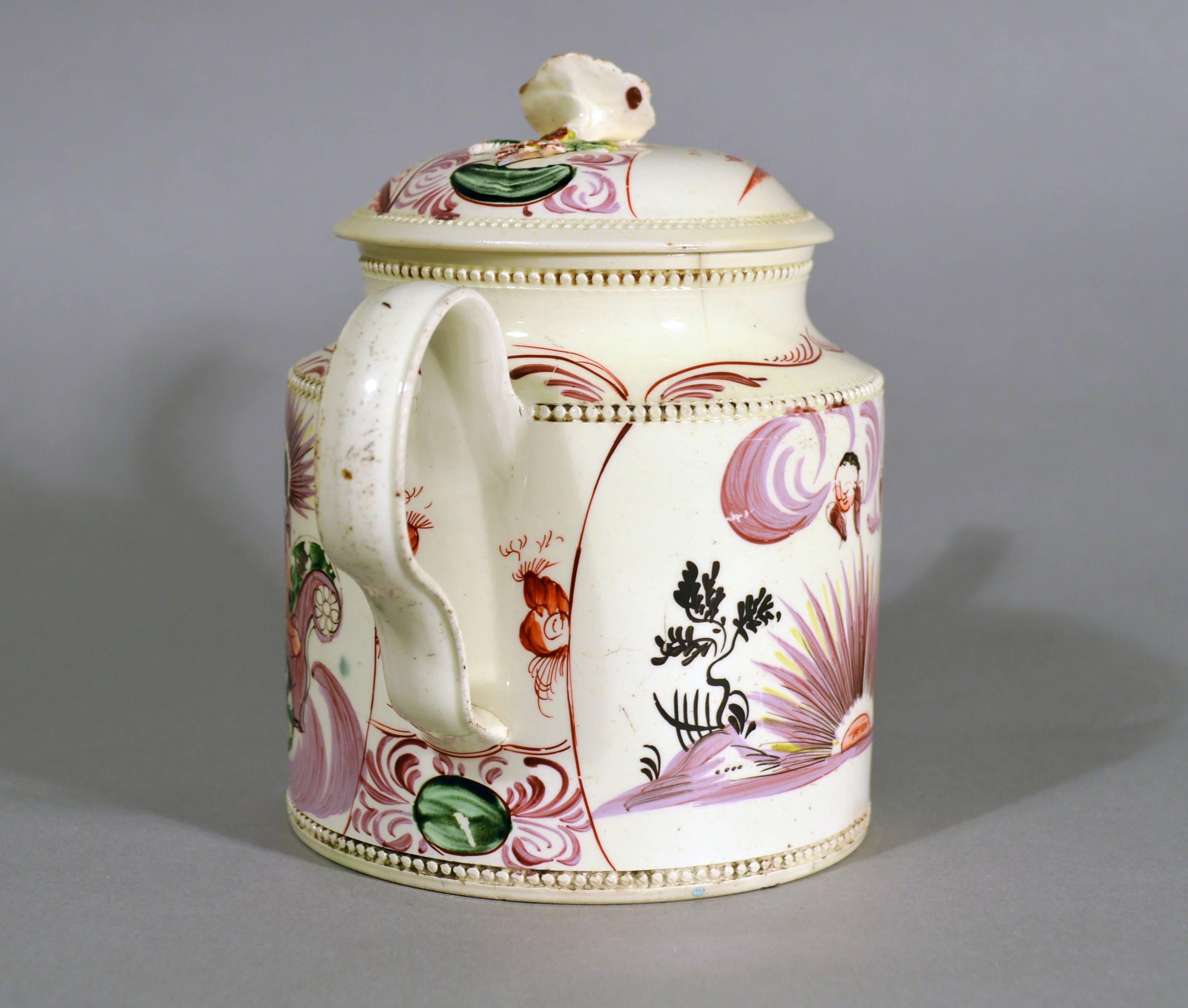 Georgian English Creamware William Greatbatch Pottery Teapot Decorated with Aurora, 1770s