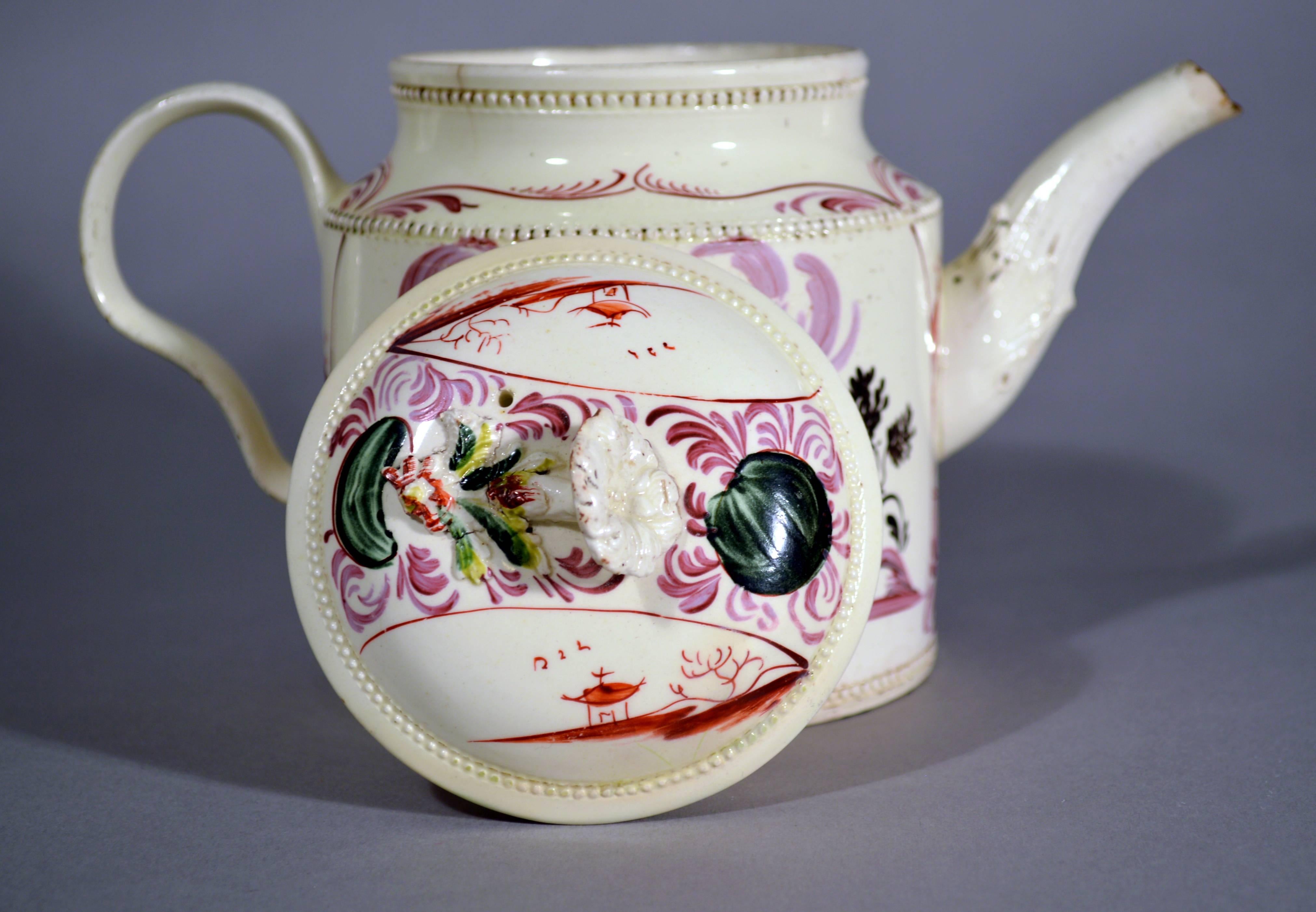 English Creamware William Greatbatch Pottery Teapot Decorated with Aurora, 1770s In Good Condition In Downingtown, PA