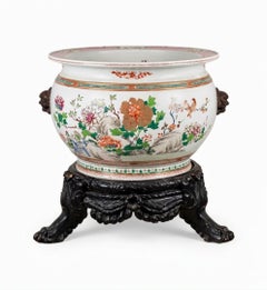 Large Chinese Export Famille Rose Porcelain Fish Bowl, Qianlong, on Carved Stand