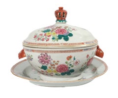 Chinese Export Famille Rose Porcelain Tureen, Cover & Stand, Hare-Head Handles