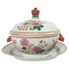 Chinese Export Famille Rose Porcelain Tureen, Cover & Stand, Hare-Head Handles