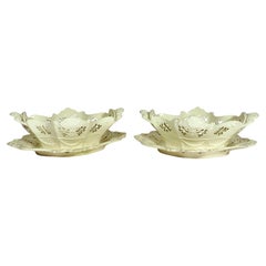 Large English Creamware Pierced Fruit Basket, Diamond Shape with Shell Handles