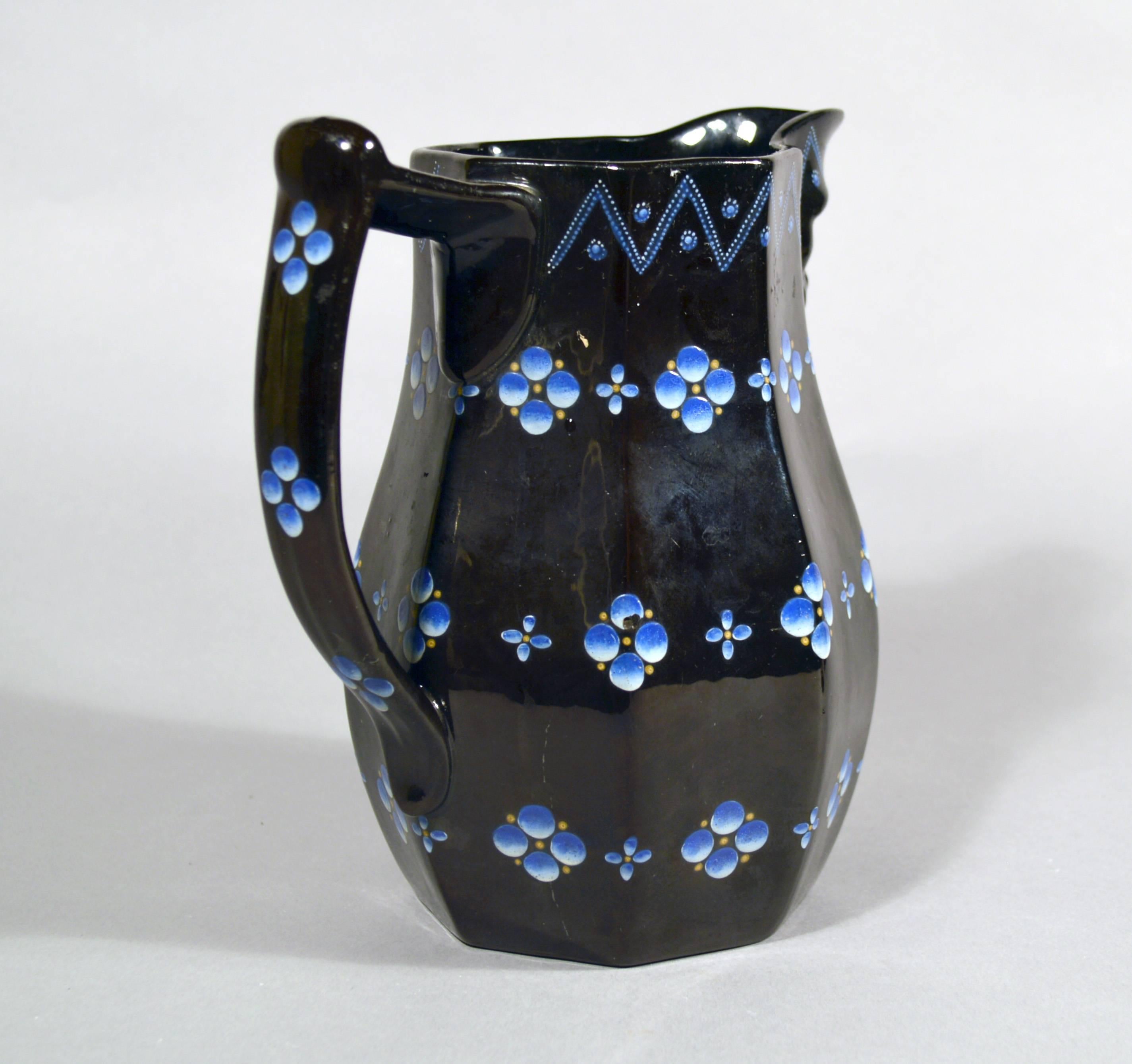 English Copeland and Garrett Pottery Black Masked Jug with Blue Dot Decoration In Excellent Condition In Downingtown, PA
