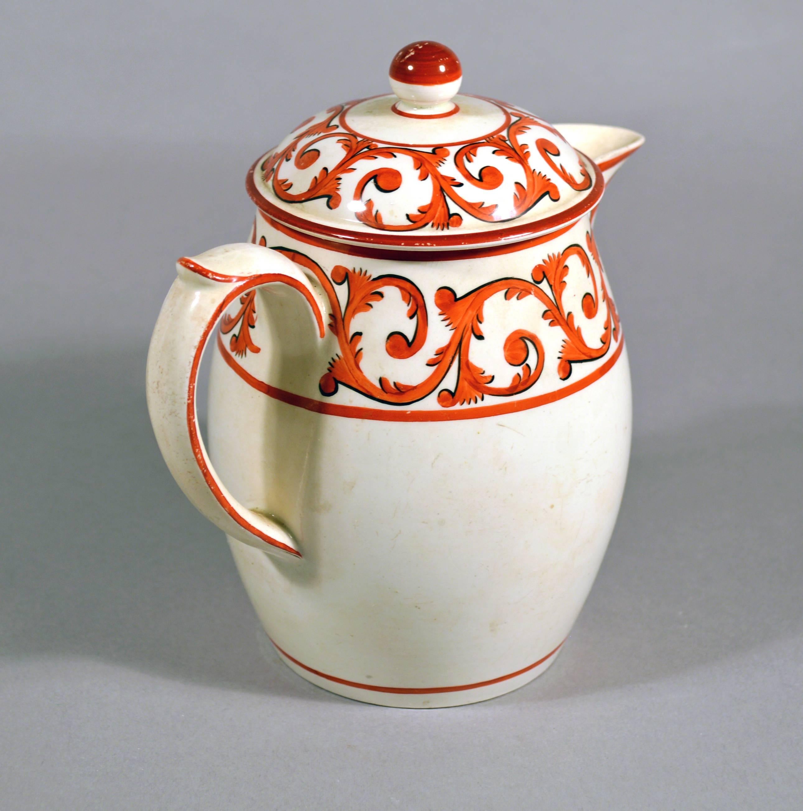 Regency English Pottery Covered Jug and Cover with Orange Foliate Scroll Designs For Sale