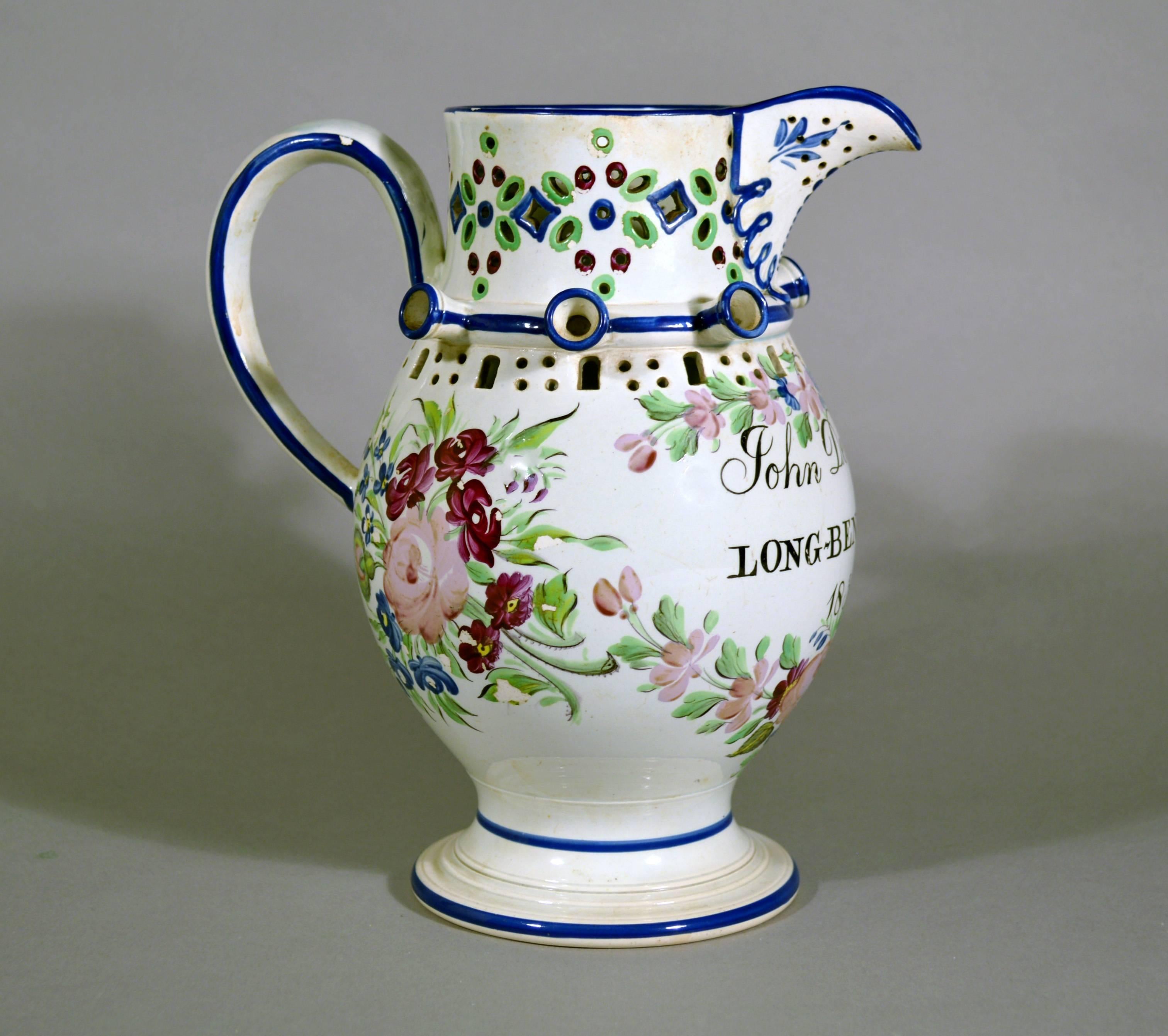 English Newcastle Pearlware Botanical Pottery Puzzle Jug and Dated 1830