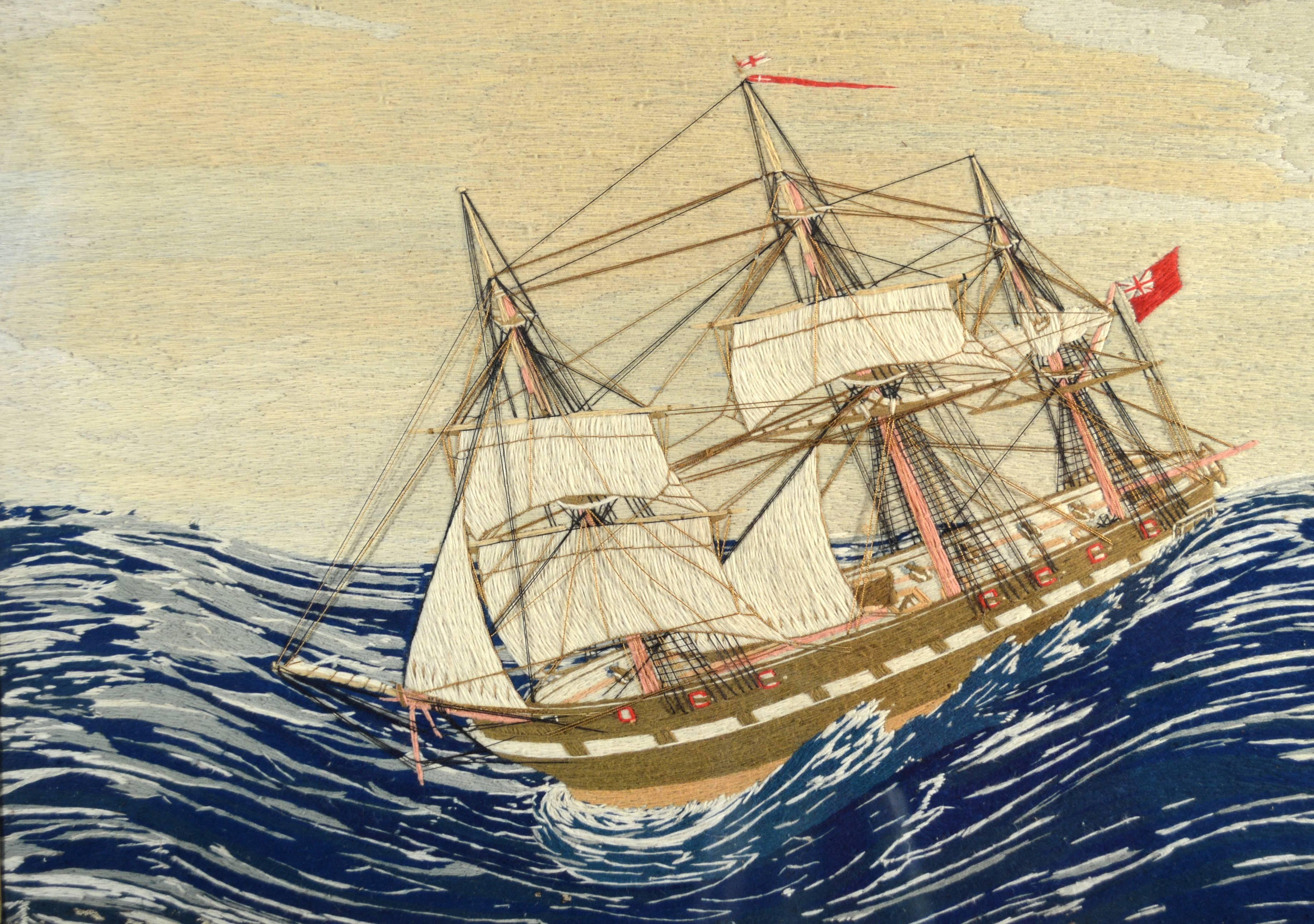 The Folk Art English sailor's woolie depicts a royal navy ship in extreme weather sailing across large deep swells. This is a very unusual and rare subject.
  