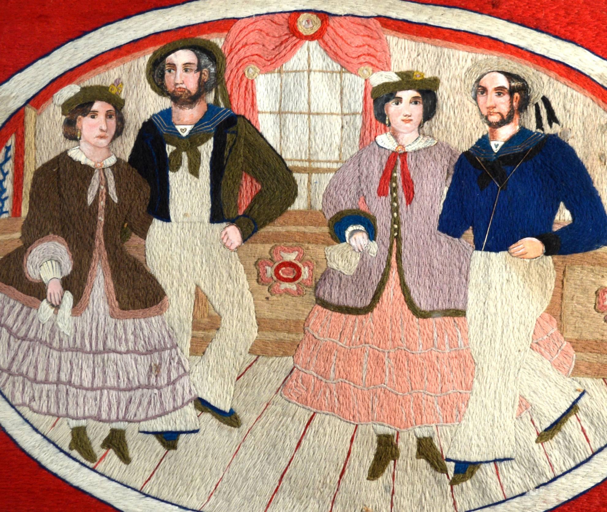 The sailor's woolwork of sailor's and companions dancing was made 865-75.

It is a very unusual sailor's woolie with a large central design of two sailors dancing with their females companions. The faces and hands are of paper with well-painted