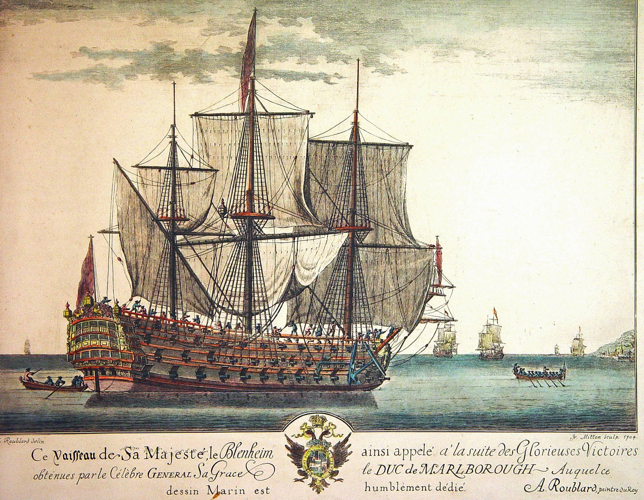Queen Anne Engraving of H.M.S. Grande Bretagne by A. Roublard after Isaac Sailmaker.