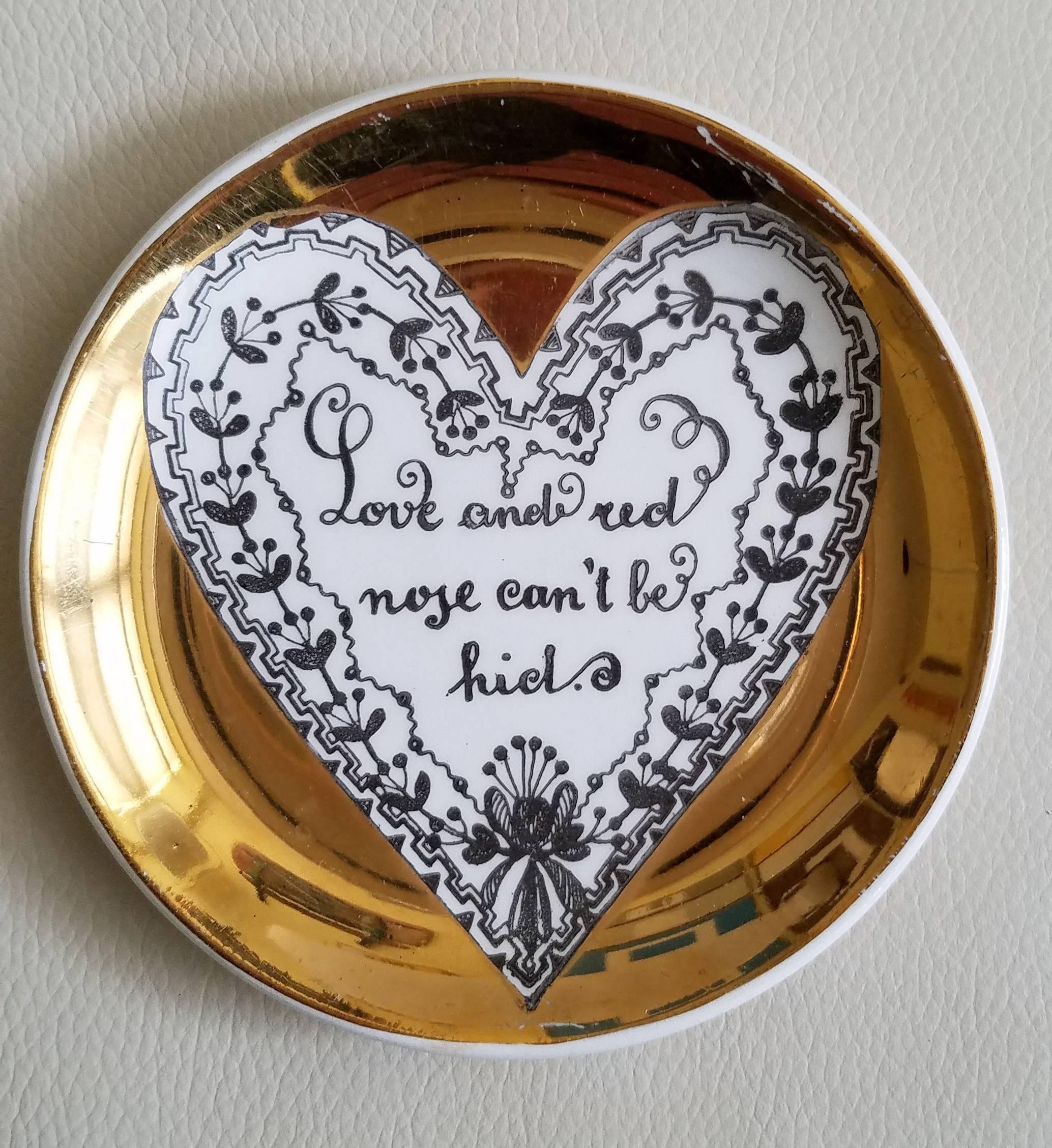 Mid-Century Modern Piero Fornasetti Porcelain Coaster Set with Love, Hearts and Saying