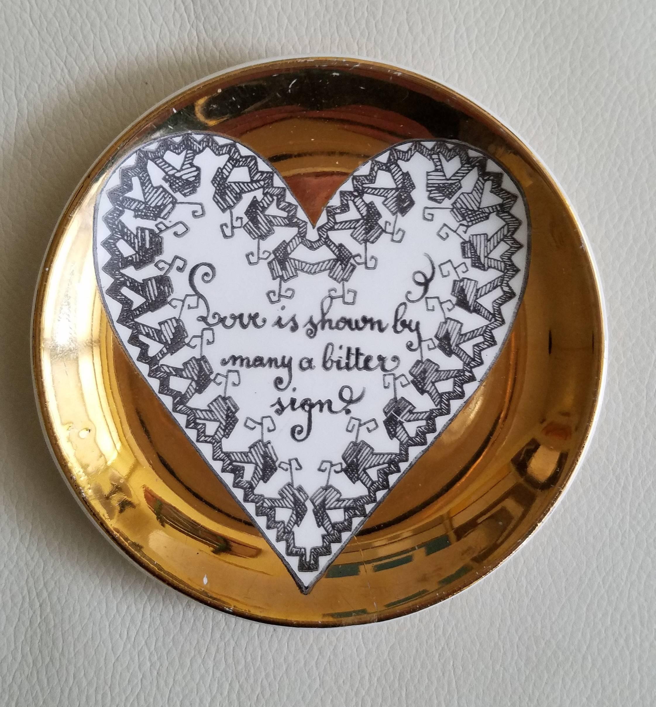 Italian Piero Fornasetti Porcelain Coaster Set with Love, Hearts and Saying