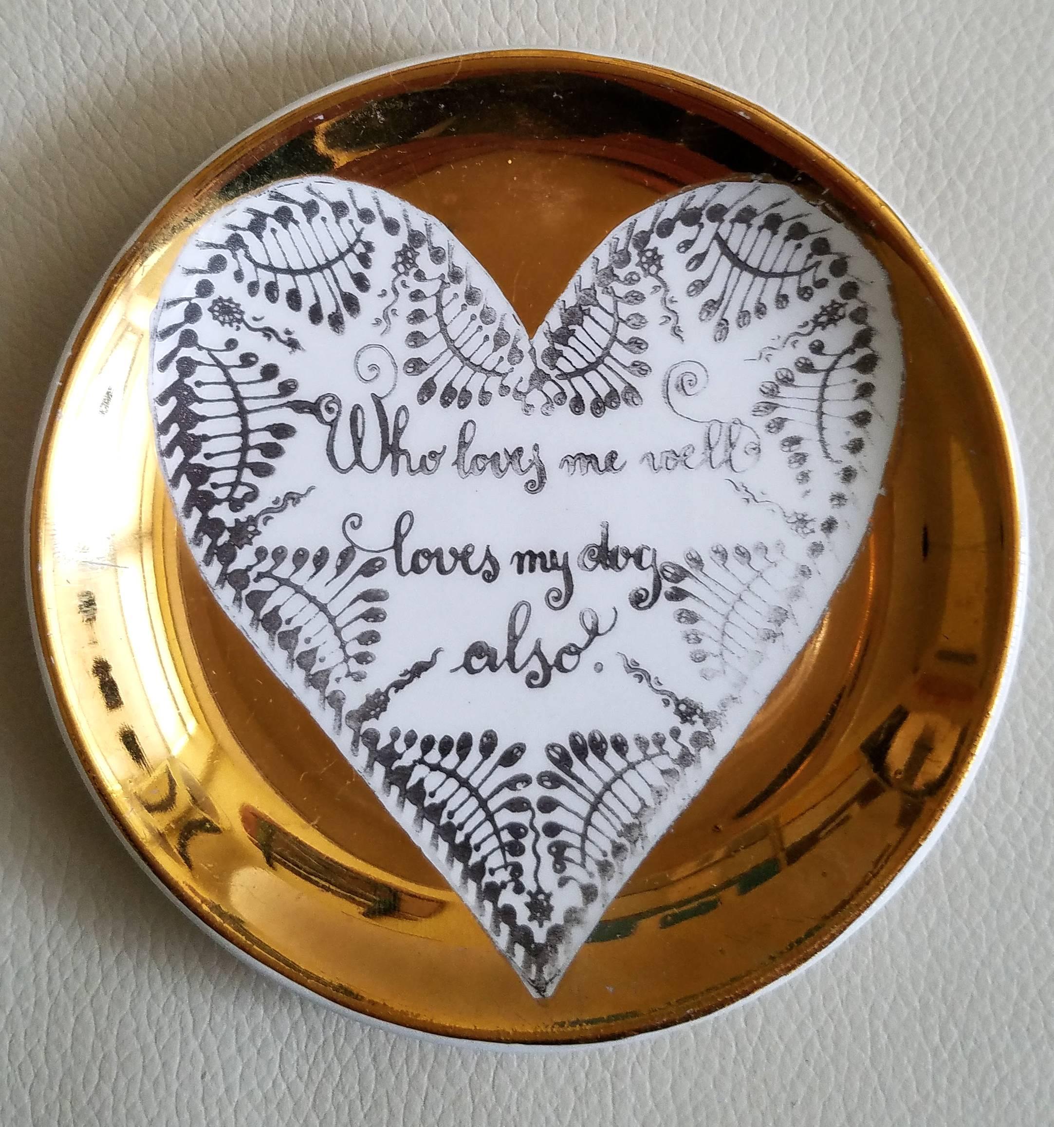 Piero Fornasetti Porcelain Coaster Set with Love, Hearts and Saying In Excellent Condition In Downingtown, PA