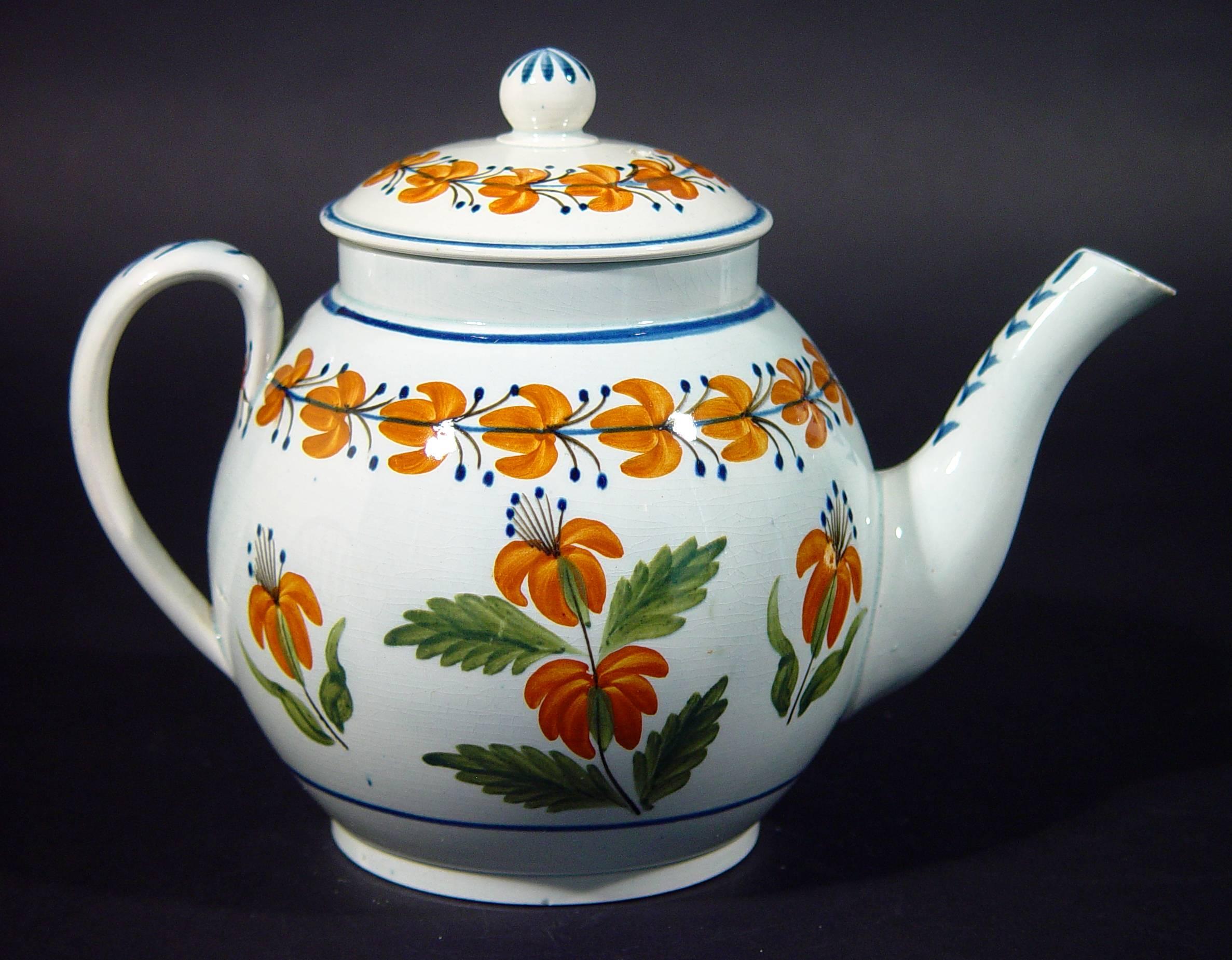 Folk Art English Pottery Pearlware Teapot with Unusual Prattware Orange Flowers For Sale
