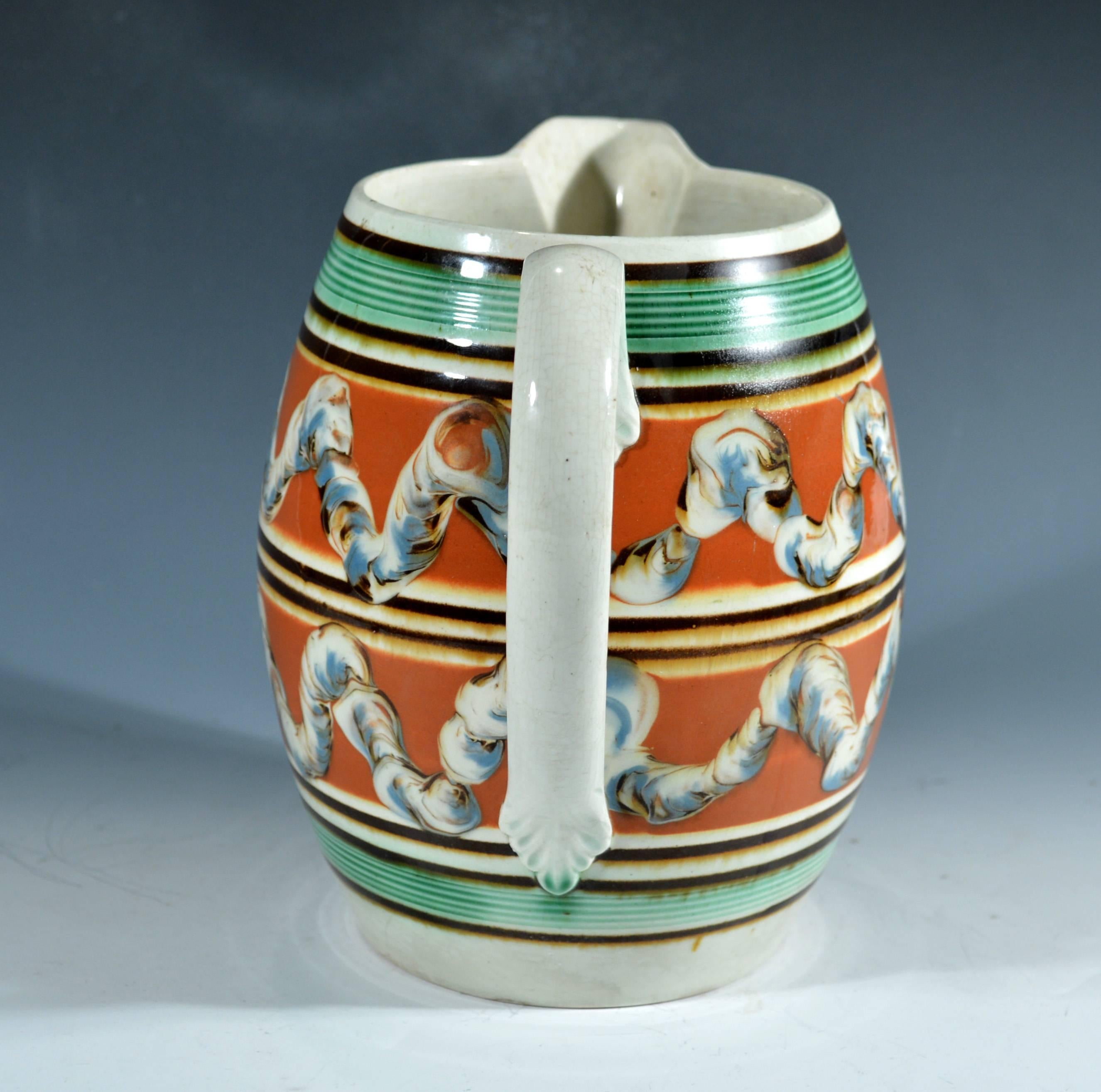 Creamware Double Earthworm Mocha English Pottery Jug In Excellent Condition In Downingtown, PA