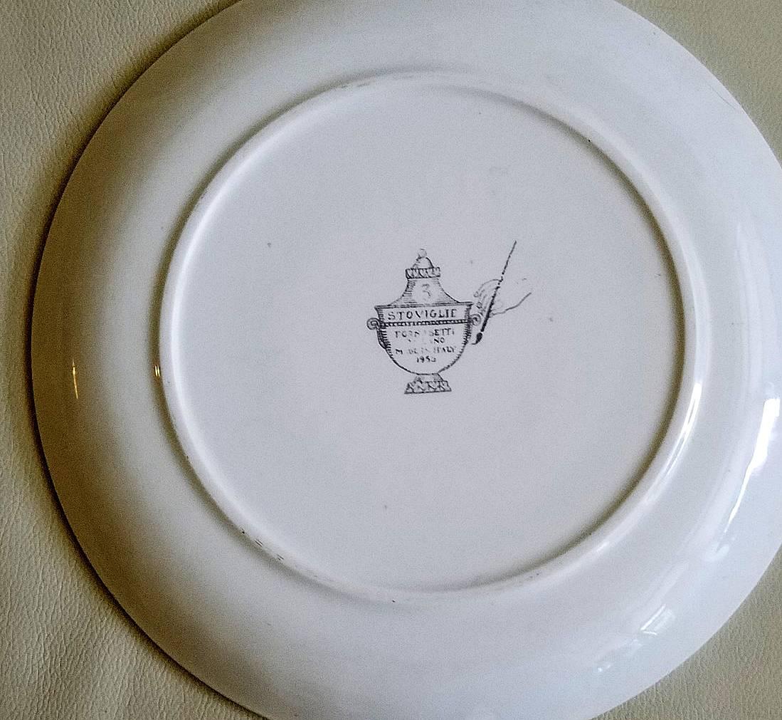 Italian Vintage Fornasetti Black and White Stoviglie Marbleized Plates with Gilt Designs