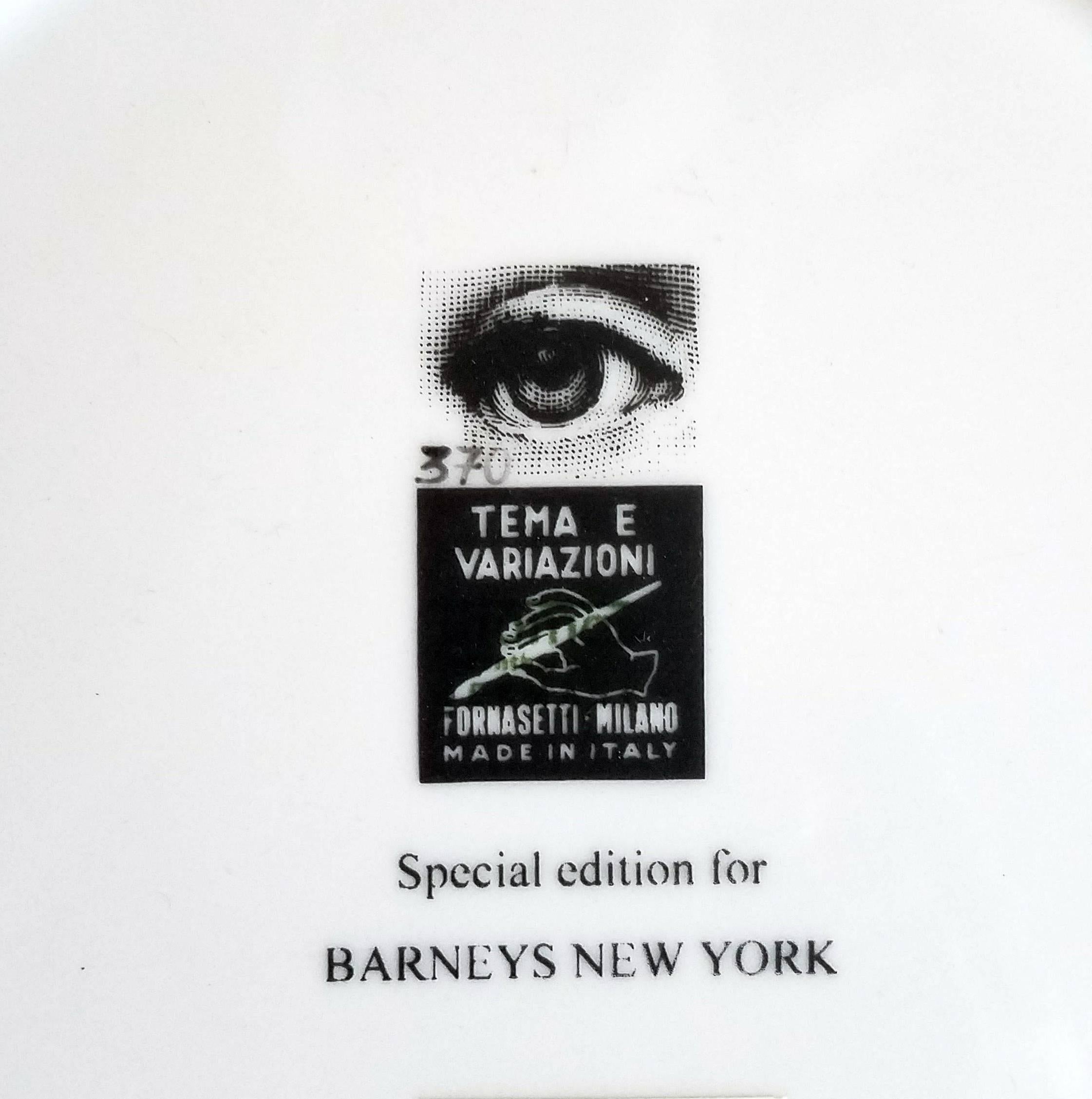 Fornasetti Tema E Variazioni plate, 
theme and variation number 370. 
The iconic image of Lina Cavalieri. 
Barnaba Fornasetti.
Special Edition for Barneys New York.

A variation of Fornasetti's Tema E Variazioni series based on the face of the