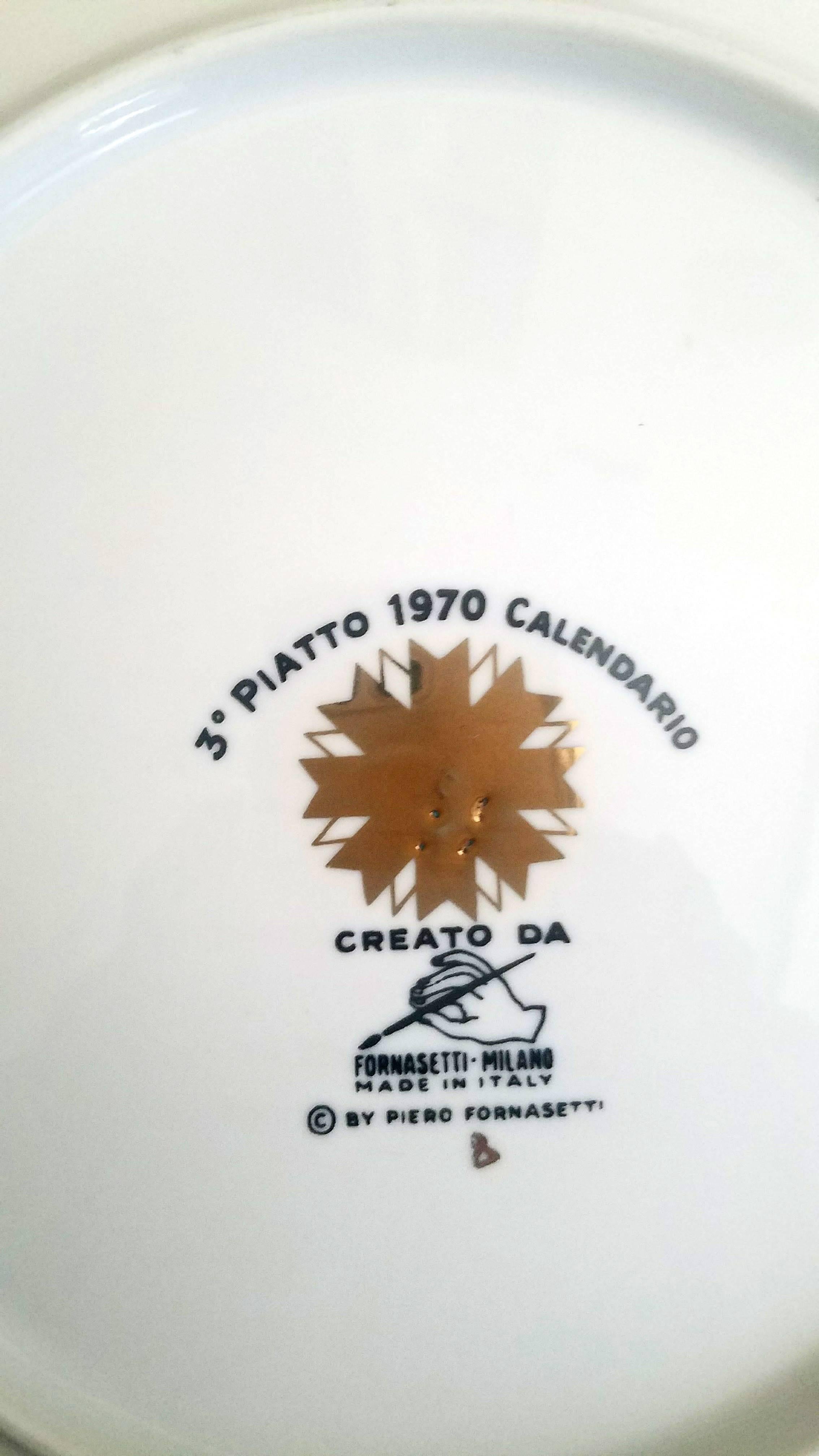 Piero Fornasetti porcelain calendar plate for the Year 1970. 

The design of the 1970 Fornasetti calendar plate depicts a game board with alternating panels depicting gold zodiac signs on a white ground and black panels with the months of the