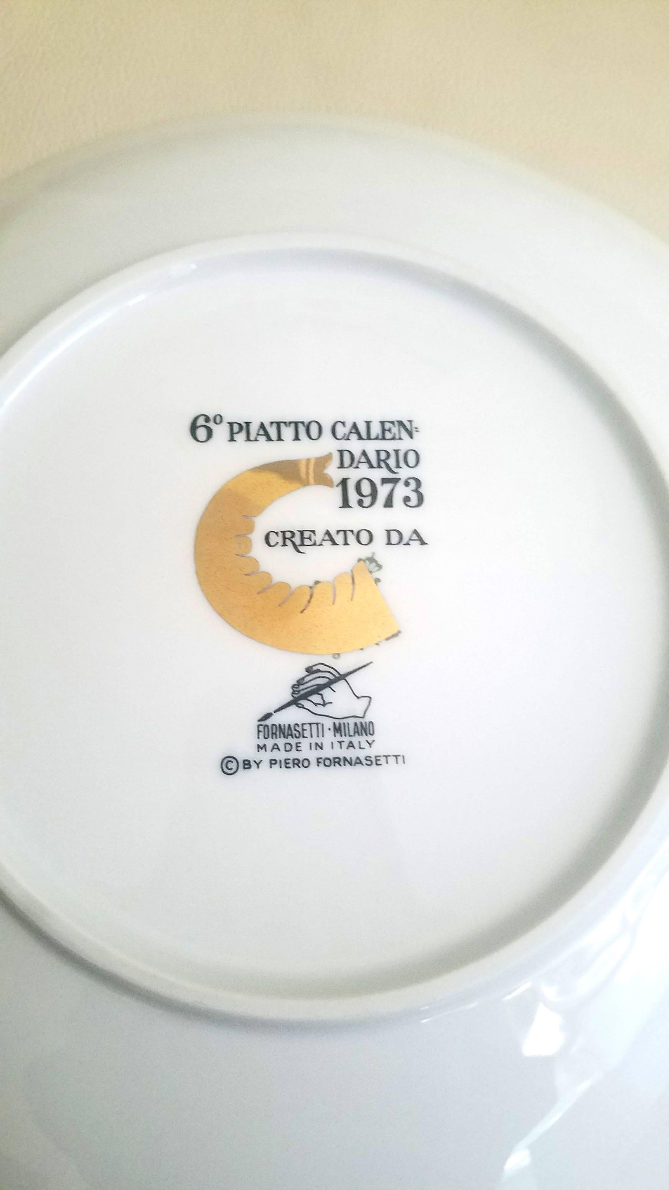 The plate depicts a sitting happy elephant carrying a crate on its back containing the months of the year 1973.

According to the Fornasetti website, 